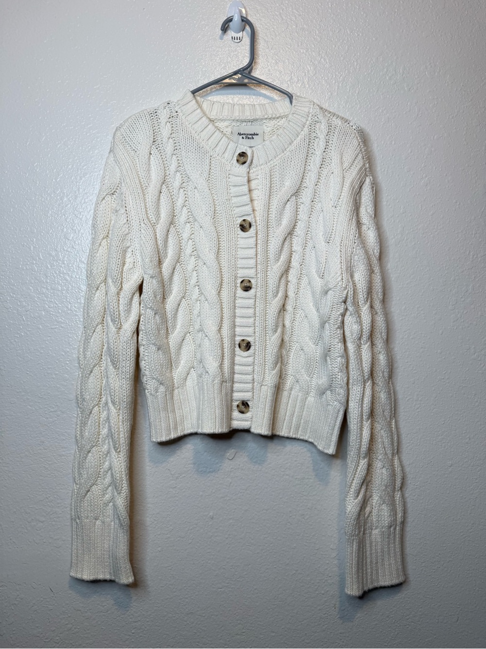 Abercrombie & Fitch Cream Button Up Chunky Cable Knit Cardigan Size Large Preppy